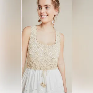 ANTHROPOLOGIE Beckett Crochet Beige Sleeveless Eyelet Midi Dress thumbnail 3