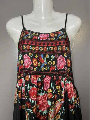 Be Passion Dress Womens Small Black Multicolor Floral Peacock Maxi Boho Sundress thumbnail 1