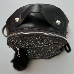Black Glitter Faux Leather Mini Backpack with Pom-Pom Charm & Zippered Pockets thumbnail 6