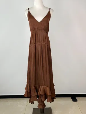 NWOT Farm Rio Ruffled Sleeveless V-Neck Midi Dress Brown Size L thumbnail 4