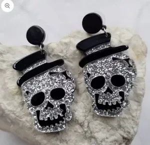 Goth Sparkle Skull Halloween Earrings Silver thumbnail 1