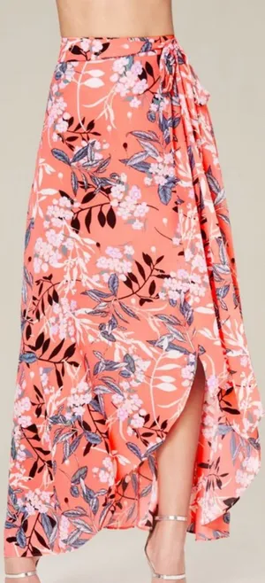 bebe Maxi Skirt Size 8 Coral Floral Wrap High Low Tropical Summer Tie Waist thumbnail 1