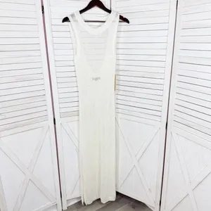 Almost Famous Sheer Crochet Open Back Beach Swim Cover‎ Maxi Dress Cream Medium thumbnail 9