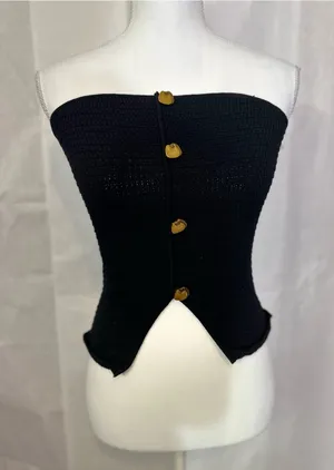 Zara Black Strapless Cropped Knit Top with Gold Buttons thumbnail 1