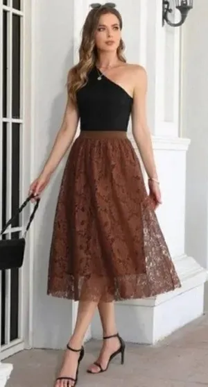 Boutique Brown Lace High Waist A-Line Midi Skirt 4‎ thumbnail 1