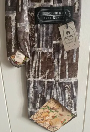 Bruno Piattelli Brown & Cream Geometric Silk Tie with Map Design thumbnail 1