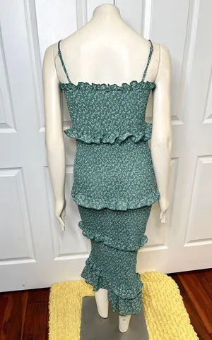 SheIn Green Floral Daisy Print Midi Smocked Bodycon Dress w/ Ruffles Size Medium thumbnail 5