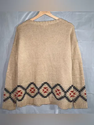 Hem & Thread Sweater Womens Large‎ Tan Red Aztec Boho Southwest Knit Wool Blend thumbnail 2