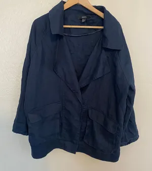 100% Linen Blazer Jacket Womens Sz Large XL Navy Blue Coastal Lagenlook Chic thumbnail 1