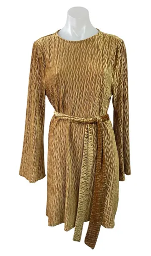 NEW Dress Forum Gold Velvet Velour Chevron Long Sleeve Tie A Line Mini Dress M thumbnail 1