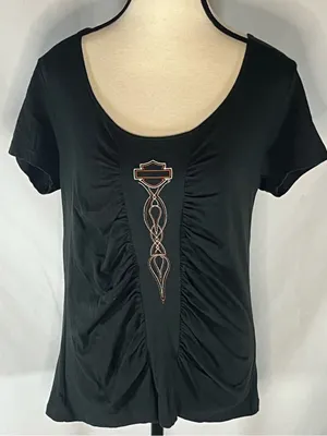 Harley Davidson Large Alefs Wichita KS Ruched Front Scoop Neck Women’s Shirt L thumbnail 1