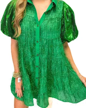 Queen of Sparkles Green Tinsel Sequin Sleeve Dress thumbnail 1