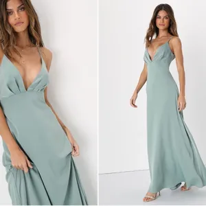 LULU's Bridesmaid Prom Wedding Sexy Open Back Satin Sage Green Maxi Dress thumbnail 2