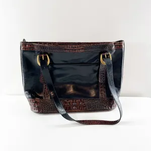 Brahmin Croc Embossed Leather Tote Handbag Purse Black Brown thumbnail 7