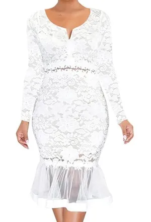 White Floral Lace Mermaid BodyCon Dress Sheer Ruffle Hem Tag XXL (U.S. L) NEW thumbnail 1