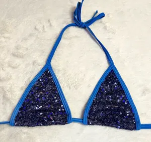 Royal Blue Sequin Triangle String Bikini Top Size Small thumbnail 1