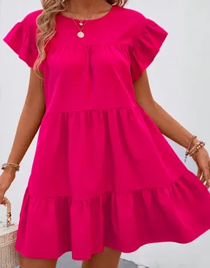 Solid Crew Neck Tiered Dress Pink thumbnail 3