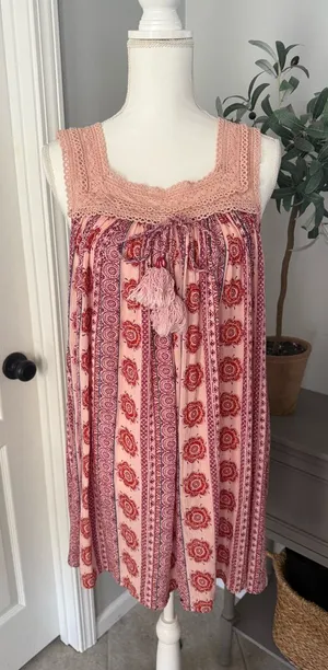 BOG Collective Urban Outfitters Boho Tassel eMidi Dress in Blush and Coral Sz S thumbnail 1