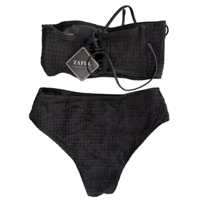 NWT ZAFUL Black Bandeau‎ Bikini Set High Cut High Rise Strapless Small thumbnail 6