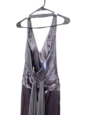 Vintage Lenovia Y2K Charcoal Gray Halter Formal Dress Gown Sequin Ruched thumbnail 4