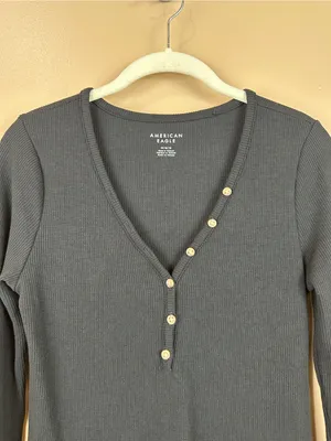 American Eagle Womens Black Ribbed Waffle Knit Long Sleeve Henley Top Medium thumbnail 2