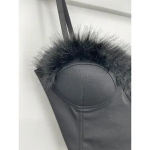 Say What Black Faux Fur Feathers Trim Bustier Crop Top Corset Padded Large NEW thumbnail 3