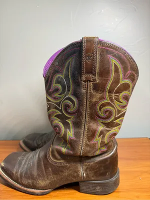 Ariat Womens Square Toe Dark Brown Cowgirl Boots Leather Western Purple Trim 8.5 thumbnail 2
