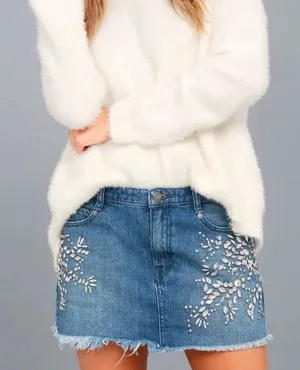 Free People Shine Bright Shine Far Medium Wash Denim Rhinestone Mini Skirt thumbnail 1