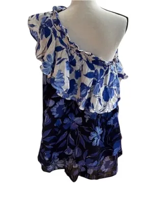 Anthropologie Boho Floral One-Shoulder Ruffle tier Mini Dress Resortwear fairy thumbnail 10