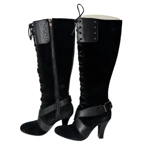 Cole Haan Vtg Y2K Black‎ Suede Faux Leather Strap Zip Tall Boot Heel Womens 6 thumbnail 2
