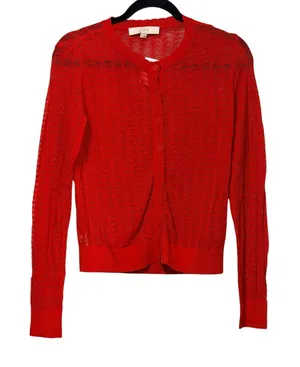 LOFT Red Pointelle Scalloped Button Front Cardigan Sweater Womens Medium thumbnail 1
