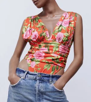 NWT ZARA Floral Print Bodysuit Size Small thumbnail 1