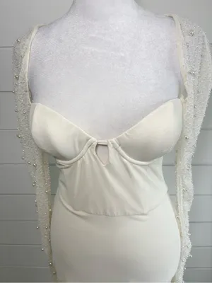 Oh Polly Ivory Pearl Beaded Sleeve Maxi Dress High Slit Formal Gown Size 4 thumbnail 11