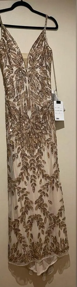NWT Mac Duggal Style 5107 Plunging Neckline Sequins Gown Dress Gold Nude Size 10 thumbnail 7