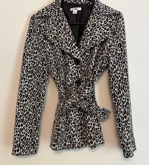 Cato Jacket Small Black White Leopard Print Button‎ Tie Waist Long Sleeve Knit thumbnail 1