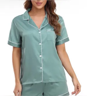 Serenedelicacy Women's Satin Button Down Short Sleeve Pajamas Top Size‎ L thumbnail 1