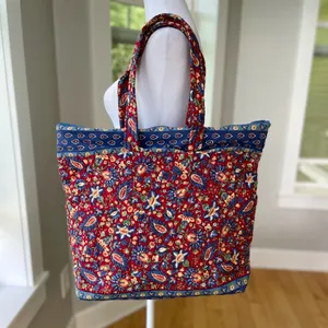 Vintage Handmade Quilted Red Blue Paisley Floral Padded Tote Shoulder Bag thumbnail 2