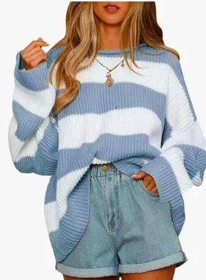 Amazon Long sleeve crew neck striped color block loose oversized thumbnail 1