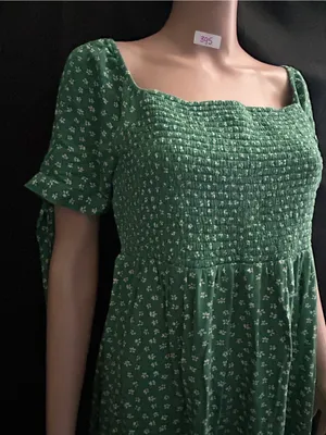 American Eagle Green & White Floral Smocked Square-Neck Mini Dress MD thumbnail 5