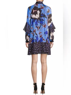 Diane von Furstenberg Designer 100% Silk Floral Blue Long Sleeve Blouse Size S thumbnail 2