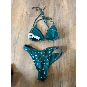 Hollister Swim Teal Floral Ribbed Triangle Bikini Set High Cut V Front Small thumbnail 3