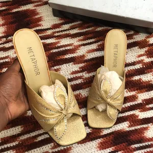Vintage Metaphor Gold Glitter Glam Rhinestone Party Glamour Evening Kitten Heels Pumps Mules Genuine Leather Square Toe Size 9M thumbnail 3