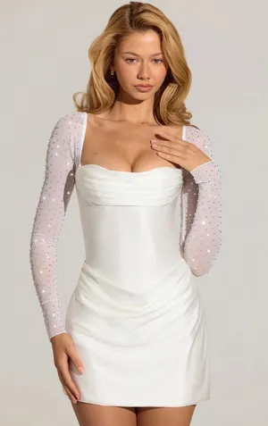 Oh Polly Clemmie Embellished Long-Sleeve Draped Mini Dress in White Size 10 New thumbnail 1