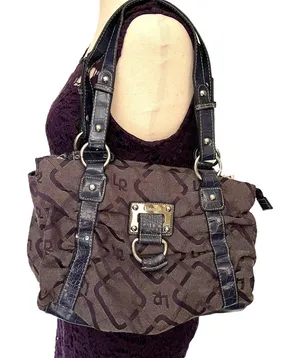 LineaR Fabric Logo Satchel Purse Purple Y2K McBling Croco Double Handle Indie thumbnail 1