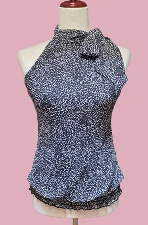 Sequin Hearts Y2K Lepard Print Grey Sleeveless Bow Collar Top thumbnail 1