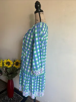 SZ Blockprints Priya Gingham Tiered Blue Green White Dress Size Small thumbnail 7