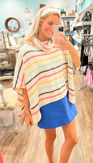 NWT THML Juliana‎ Striped Colorful Turtleneck Poncho Wool Blend Sweater thumbnail 1