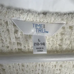 Time and Tru Large L 12-14 Tape Yarn Sweater Cream V-Neck Open Knit Pullover thumbnail 4