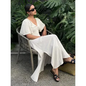 SHEIN Beige Twist Front Flutter‎ Sleeve V-Neck Maxi Dress Side Slit Size Large thumbnail 8