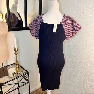 Maeve Anthropologie Ribbed Puff Sleeve Mini Dress Navy Gingham NWT‎ Size Small thumbnail 5